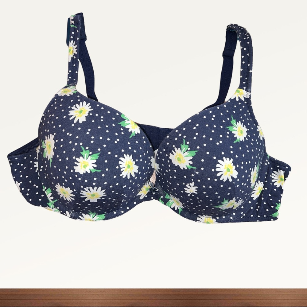 Cacique Bra Size 42C Boost Plunge Navy Blue White Floral Underwire